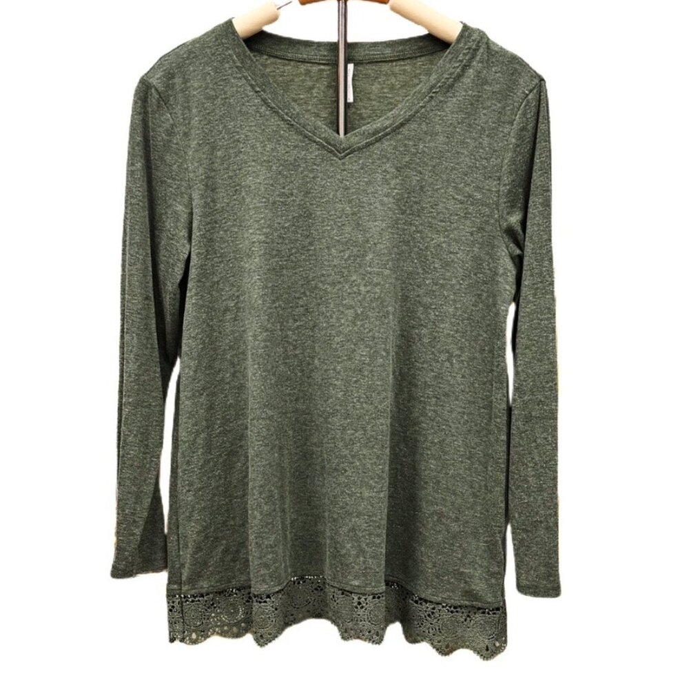 Netsmile Green Crochet Lace Trim Long Sleeve V-neck Top Cozy Holiday Blouse MED